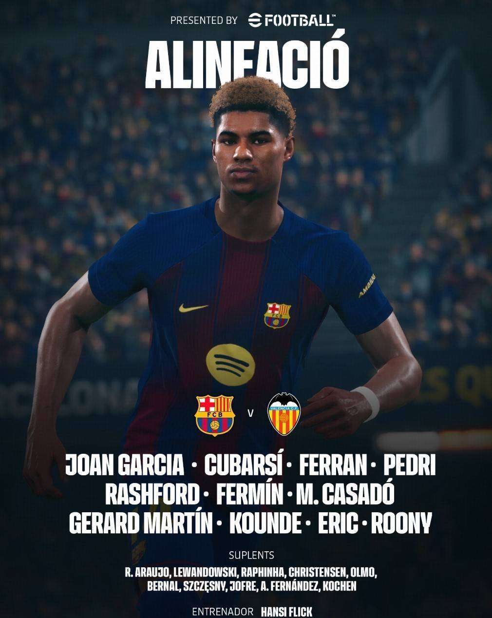 巴萨vs瓦伦西亚:拉什福德、巴尔德吉首发,莱万替补